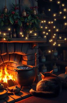A cozy and enchanting witch's hearth adorned with magical Yule decorations, featuring a crackling fireplace casting warm light