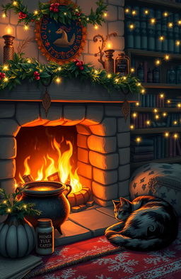 A cozy and enchanting witch's hearth adorned with magical Yule decorations, featuring a crackling fireplace casting warm light