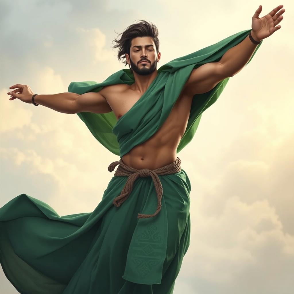 A young Shiite Muslim mystic in the act of soul flying, wearing a flowing green robe that billows around him