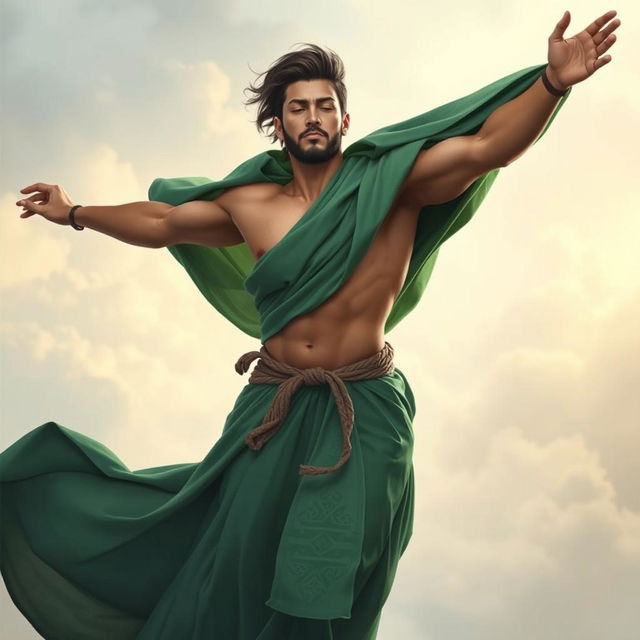 A young Shiite Muslim mystic in the act of soul flying, wearing a flowing green robe that billows around him