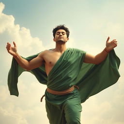 A young Shiite Muslim mystic in the act of soul flying, wearing a flowing green robe that billows around him