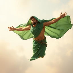 A young Shiite Muslim mystic in the act of soul flying, wearing a flowing green robe that billows around him