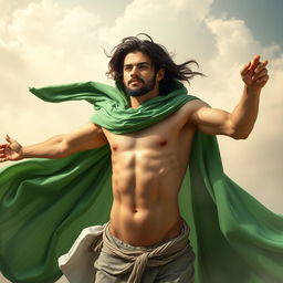A young Shiite Muslim mystic in the act of soul flying, wearing a flowing green robe that billows around him