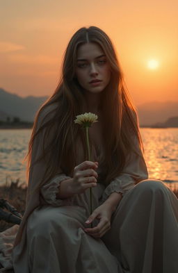 A deeply introspective scene featuring a young woman sitting in a serene location, surrounded by a tranquil landscape