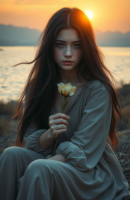 A deeply introspective scene featuring a young woman sitting in a serene location, surrounded by a tranquil landscape