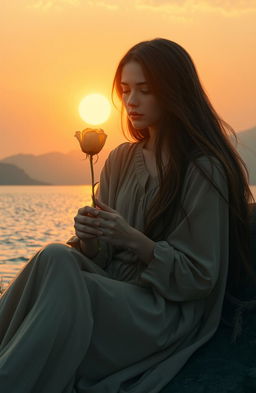 A deeply introspective scene featuring a young woman sitting in a serene location, surrounded by a tranquil landscape
