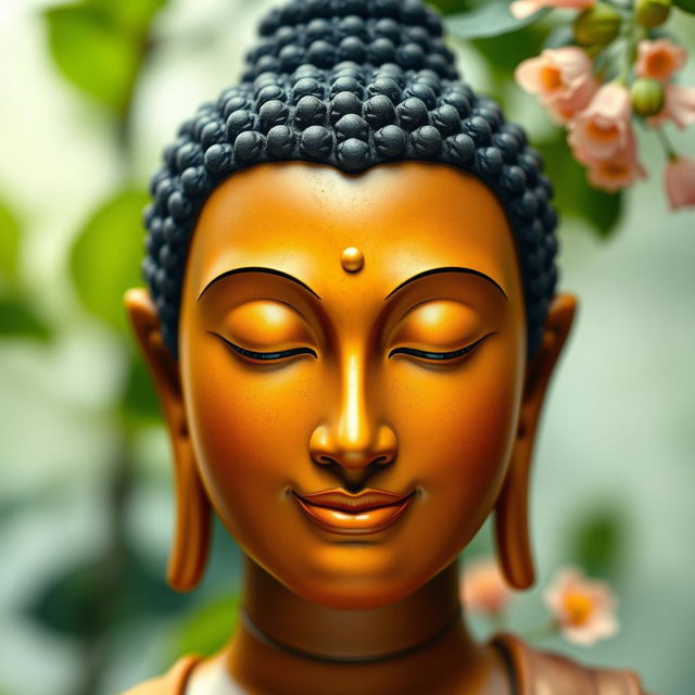 A human face with serene and calming features that embodies the essence of Buddha