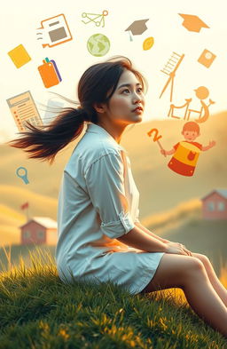 A nostalgic scene depicting a young woman reminiscing about her life journey from childhood through elementary school, junior high, and high school