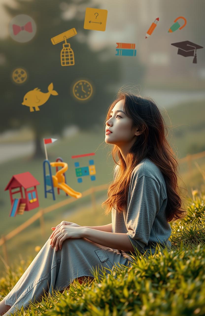 A nostalgic scene depicting a young woman reminiscing about her life journey from childhood through elementary school, junior high, and high school