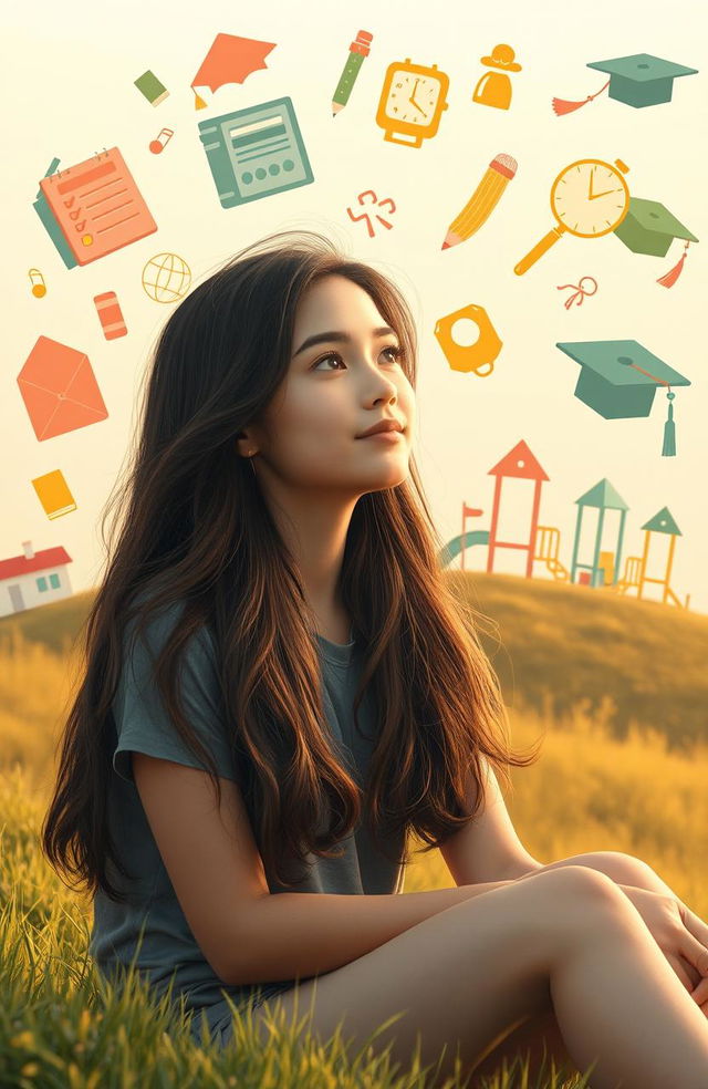 A nostalgic scene depicting a young woman reminiscing about her life journey from childhood through elementary school, junior high, and high school