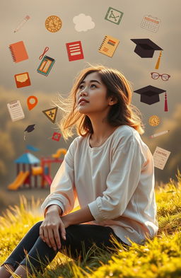A nostalgic scene depicting a young woman reminiscing about her life journey from childhood through elementary school, junior high, and high school