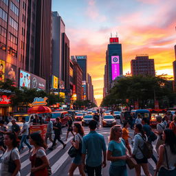 A vibrant and dynamic city scene at a busy crossroad during sunset, showcasing bustling pedestrians and colorful vehicles
