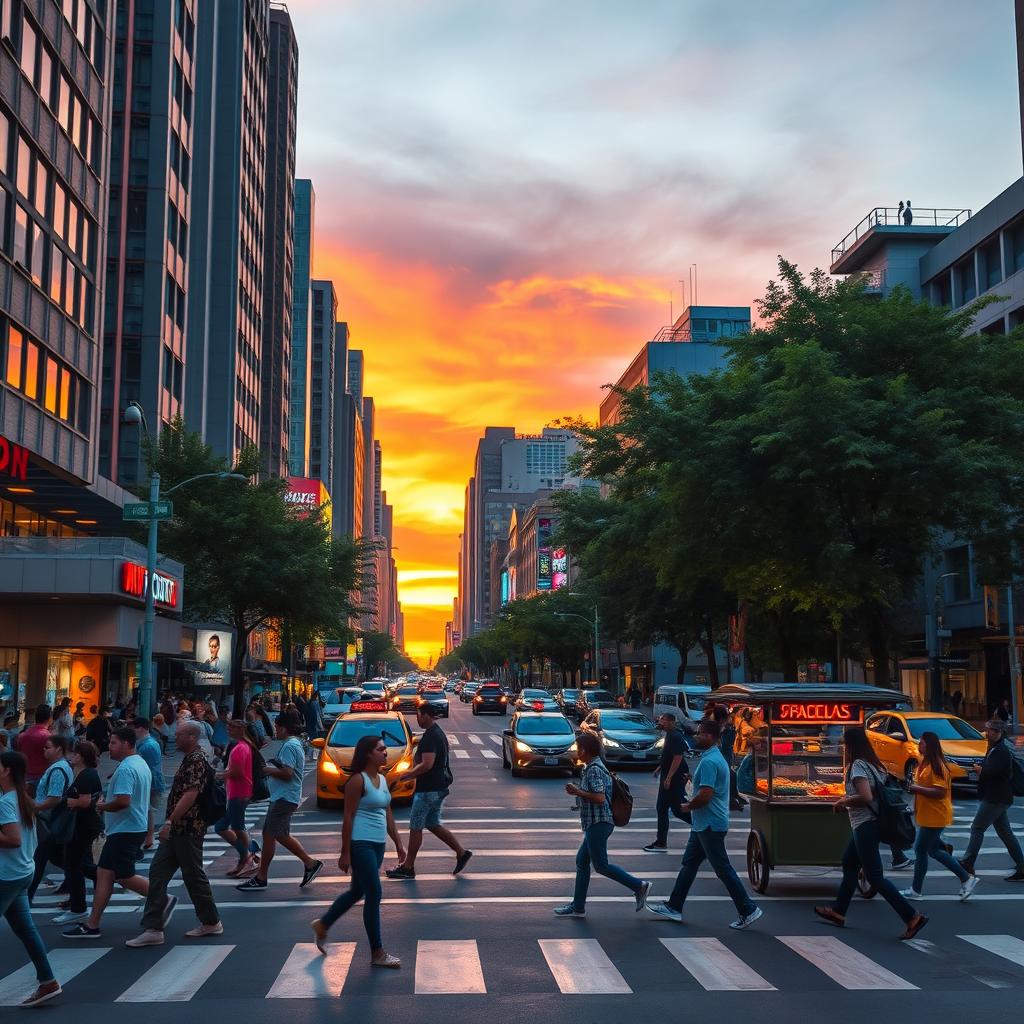 A vibrant and dynamic city scene at a busy crossroad during sunset, showcasing bustling pedestrians and colorful vehicles