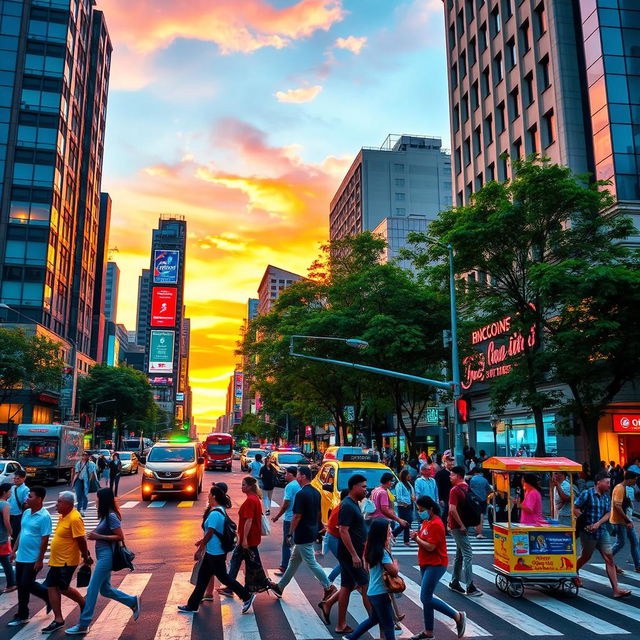 A vibrant and dynamic city scene at a busy crossroad during sunset, showcasing bustling pedestrians and colorful vehicles