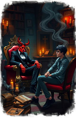 A captivating scene depicting a dialogue between a stylish, charismatic devil and a pondering, conflicted human