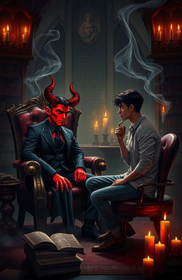 A captivating scene depicting a dialogue between a stylish, charismatic devil and a pondering, conflicted human