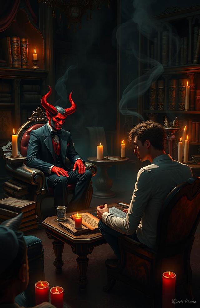 A captivating scene depicting a dialogue between a stylish, charismatic devil and a pondering, conflicted human