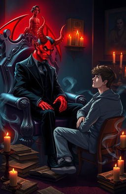 A captivating scene depicting a dialogue between a stylish, charismatic devil and a pondering, conflicted human