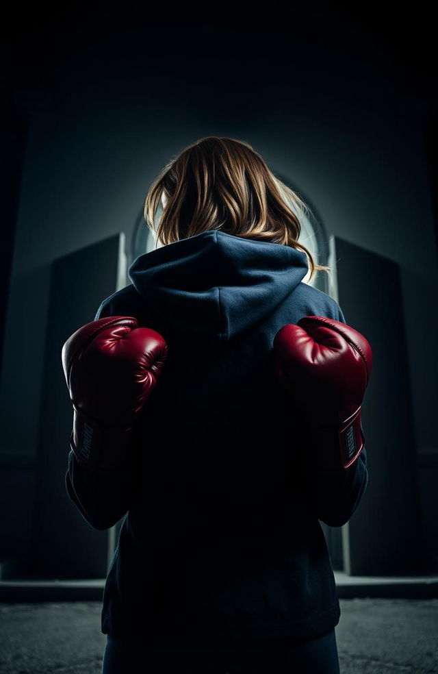 A woman with her head partially turned to the back, holding boxing gloves in both her right and left hands, wearing a hoodie that covers part of her hair