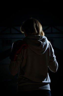A woman with her head partially turned to the back, holding boxing gloves in both her right and left hands, wearing a hoodie that covers part of her hair
