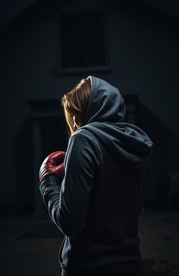 A woman with her head partially turned to the back, holding boxing gloves in both her right and left hands, wearing a hoodie that covers part of her hair