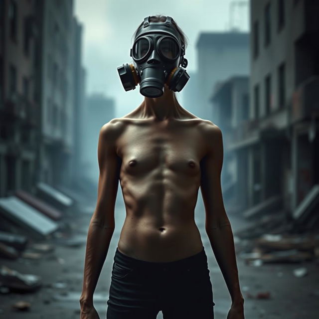 A slim person with a small bust wearing a full-face gas mask, standing confidently in a dramatic setting