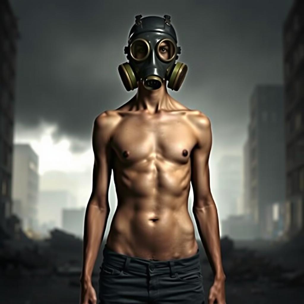 A slim person with a small bust wearing a full-face gas mask, standing confidently in a dramatic setting