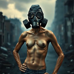 A slim person with a small bust wearing a full-face gas mask, standing confidently in a dramatic setting
