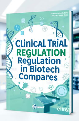 A detailed and informative cover design for a professional book titled 'Clinical Trial Regulation in Biotech Companies'