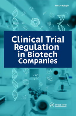 A detailed and informative cover design for a professional book titled 'Clinical Trial Regulation in Biotech Companies'
