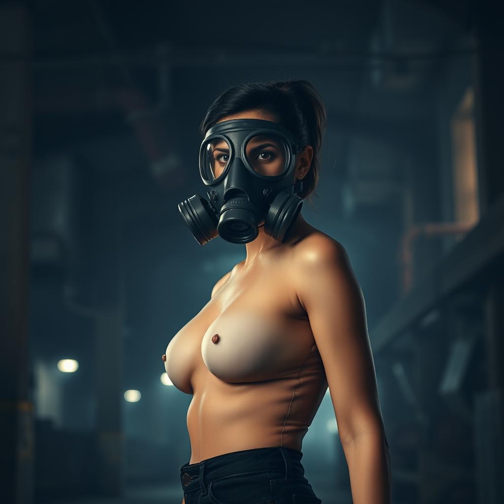 A slim woman with a small bust wearing a full-face gas mask, standing in an intriguing urban environment