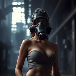 A slim woman with a small bust wearing a full-face gas mask, standing in an intriguing urban environment
