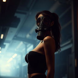A slim woman with a small bust wearing a full-face gas mask, standing in an intriguing urban environment