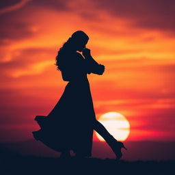A silhouette of a dancing couple against a vibrant sunset background, where the sky is filled with shades of orange, pink, and purple