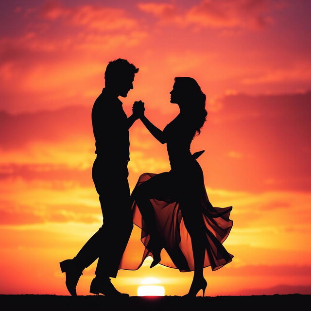 A silhouette of a dancing couple against a vibrant sunset background, where the sky is filled with shades of orange, pink, and purple