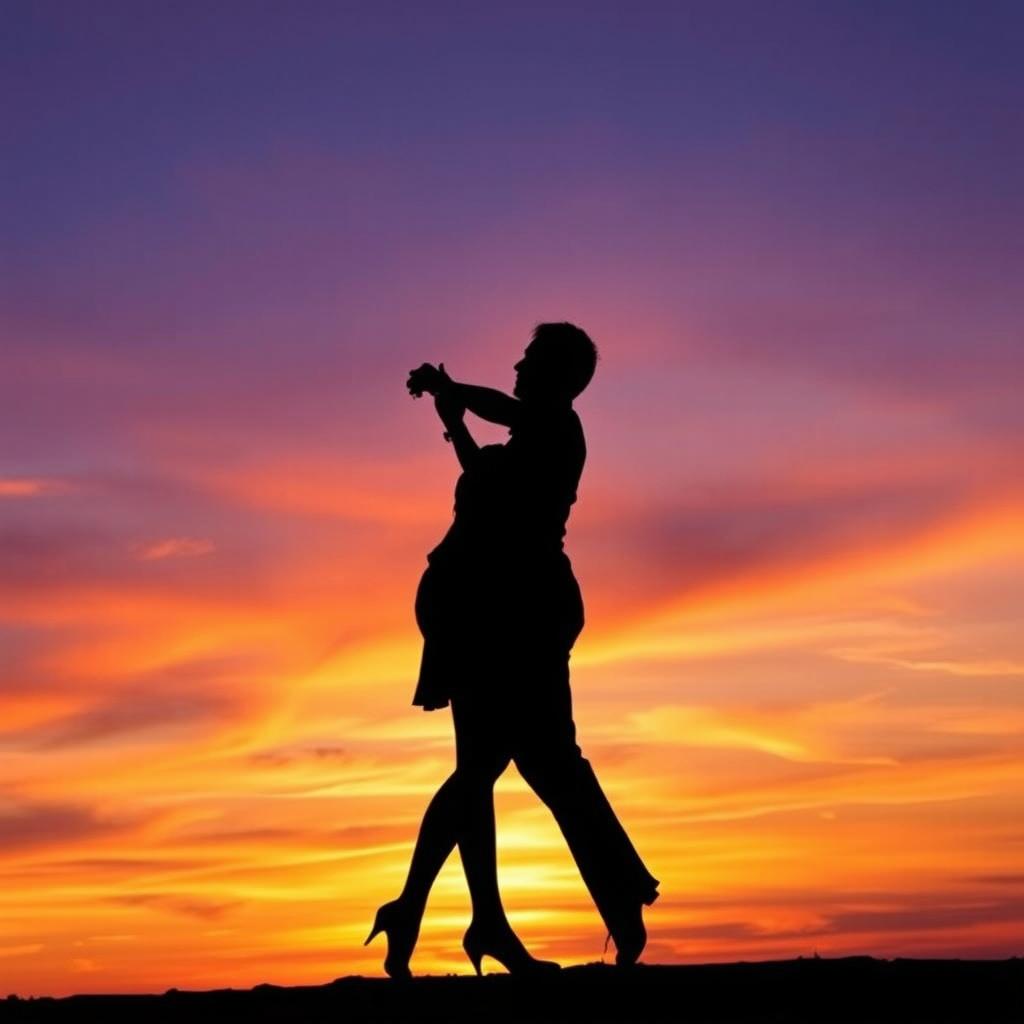 A silhouette of a dancing couple against a vibrant sunset background, where the sky is filled with shades of orange, pink, and purple