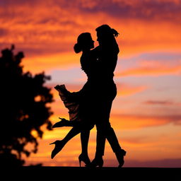 A silhouette of a dancing couple against a vibrant sunset background, where the sky is filled with shades of orange, pink, and purple