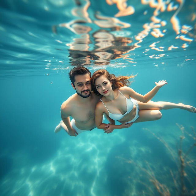 A serene underwater scene featuring a man and a woman gracefully floating together in crystal clear water