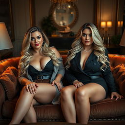 A cozy, intimate portrait of two curvy blonde dominatrixes, each with average breasts, exuding confidence as they sit on a lush, luxurious sofa