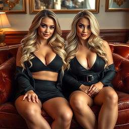 A cozy, intimate portrait of two curvy blonde dominatrixes, each with average breasts, exuding confidence as they sit on a lush, luxurious sofa
