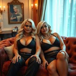 A cozy, intimate portrait of two curvy blonde dominatrixes, each with average breasts, exuding confidence as they sit on a lush, luxurious sofa