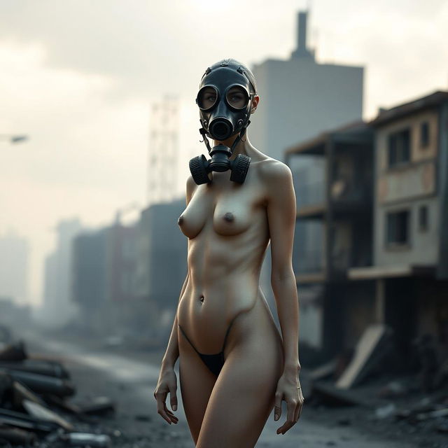 A slim female figure with an androgynous appearance wearing a full face gas mask