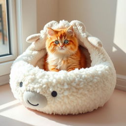 A fluffy, playful cat sitting comfortably inside a large, soft, and cozy sheep-shaped bed
