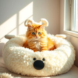 A fluffy, playful cat sitting comfortably inside a large, soft, and cozy sheep-shaped bed