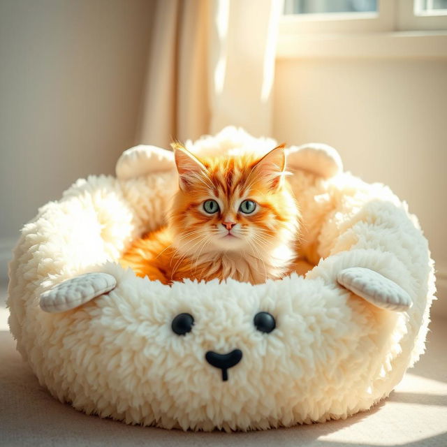 A fluffy, playful cat sitting comfortably inside a large, soft, and cozy sheep-shaped bed