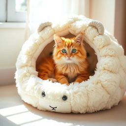 A fluffy, playful cat sitting comfortably inside a large, soft, and cozy sheep-shaped bed