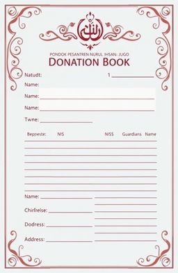 Monthly donation book for Pondok Pesantren Nurul Ihsan Jugo, featuring a section for name, student identification number (NIS), address, and guardian's name