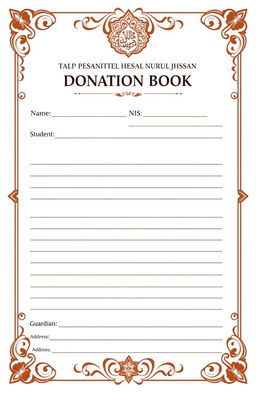 Monthly donation book for Pondok Pesantren Nurul Ihsan Jugo, featuring a section for name, student identification number (NIS), address, and guardian's name
