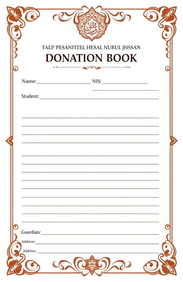 Monthly donation book for Pondok Pesantren Nurul Ihsan Jugo, featuring a section for name, student identification number (NIS), address, and guardian's name