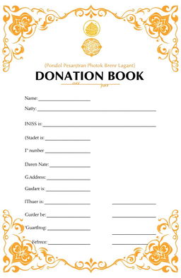 Monthly donation book for Pondok Pesantren Nurul Ihsan Jugo, featuring a section for name, student identification number (NIS), address, and guardian's name